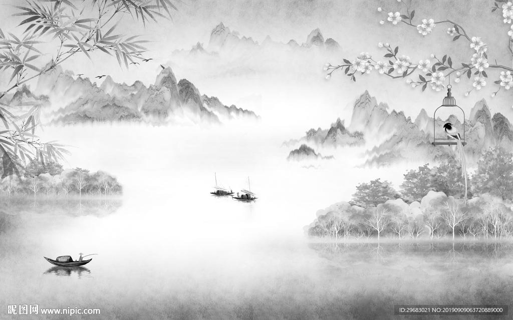 灰色 新中式背景墙 TIF分层