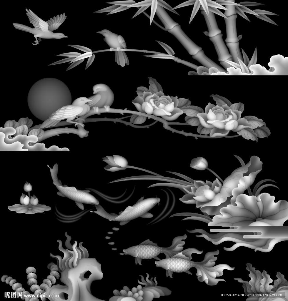 精雕灰度图花鸟