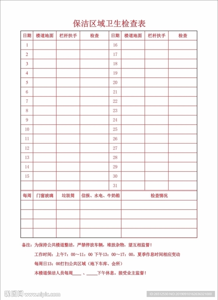保洁区域卫生检查表