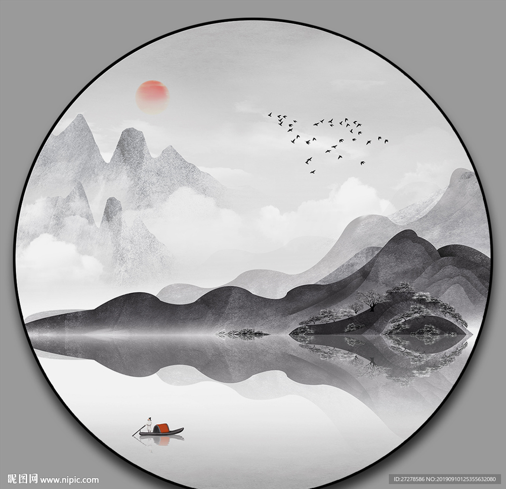 圆形水墨山水