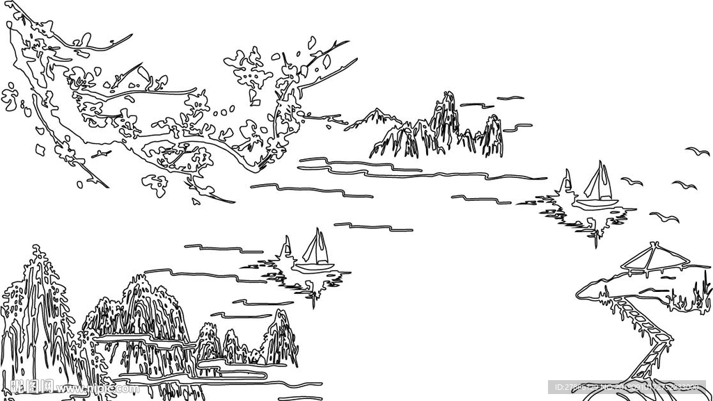 山水古风硅藻泥刻图高清矢量素材