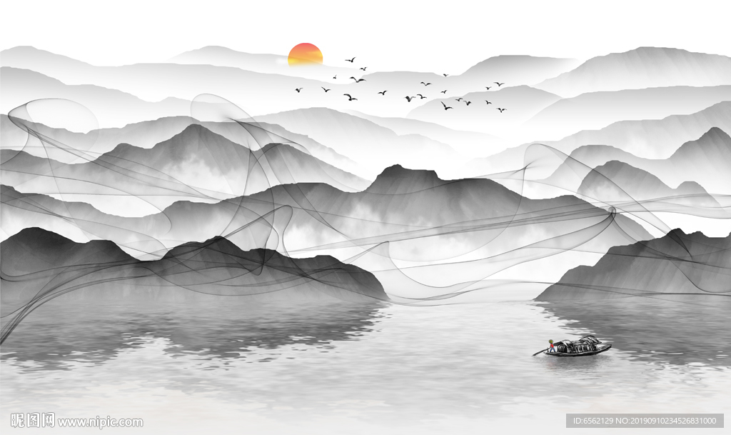 新中式水墨山水情意境背景画