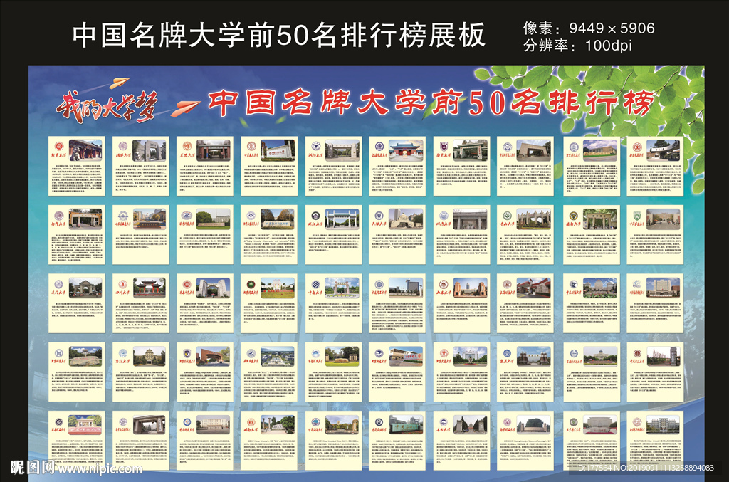 中国名牌大学前50名排行榜展板