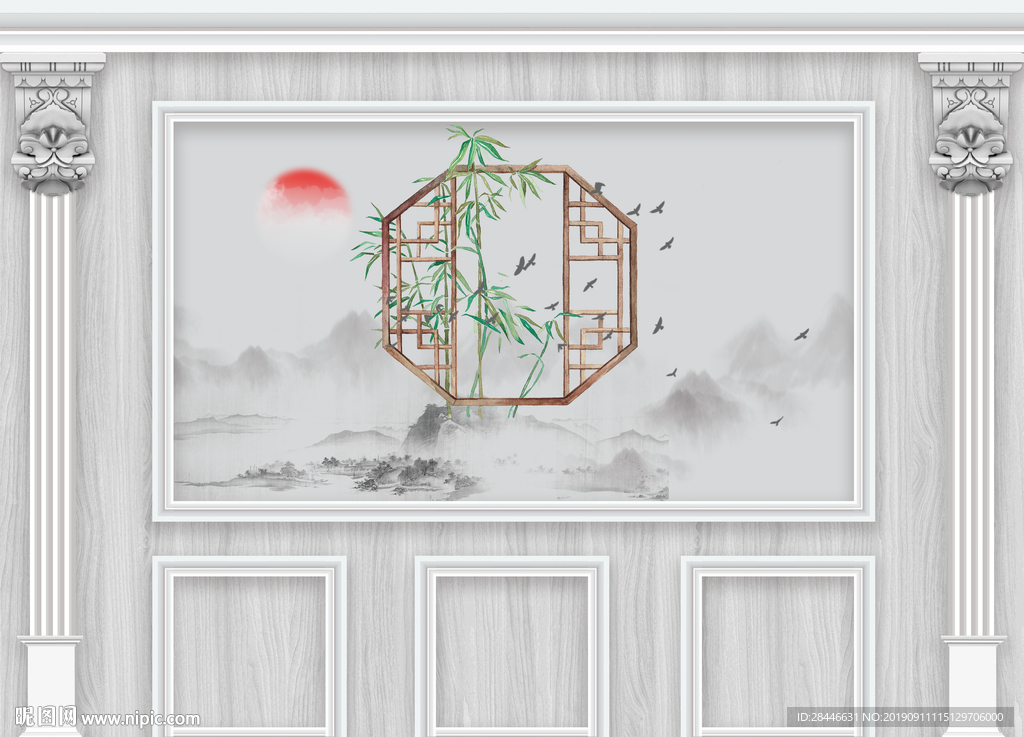 3D立体护墙板新中式背景墙