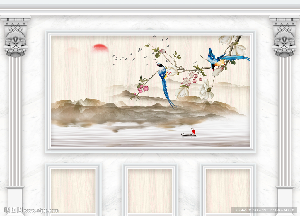 3D立体护墙板新中式背景墙