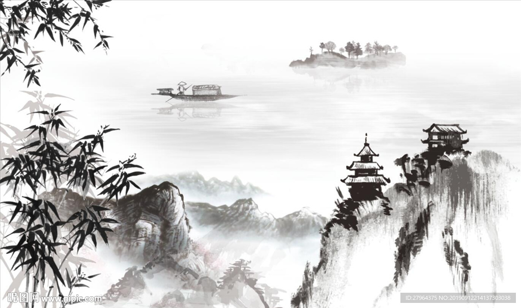 新中式竹子水墨山水电视背景墙