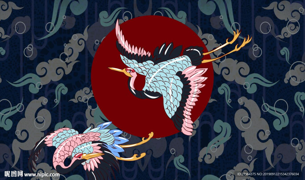 新中式传统纹样仙鹤祥云国潮背景