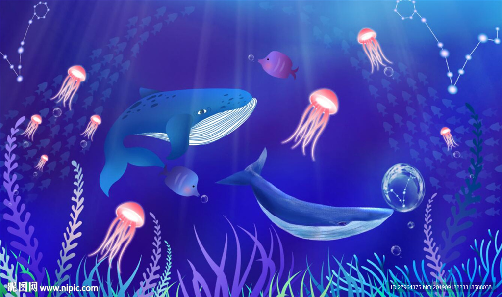 海底世界海豚水母儿童房背景墙