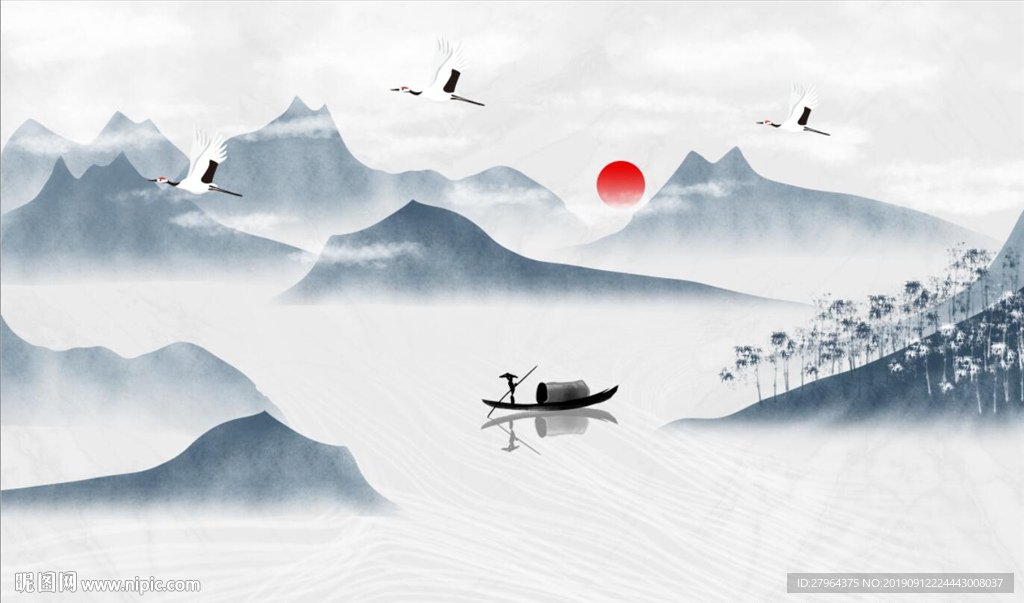 手绘意境禅意山水风景背景墙