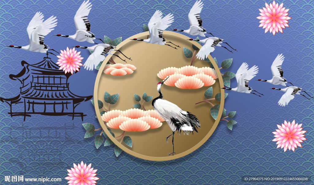 中式国潮白鹤花背景墙