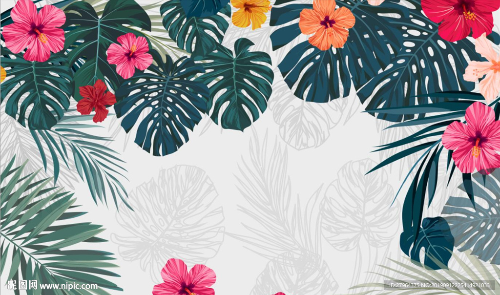 现代手绘水彩热带叶子电视背景墙