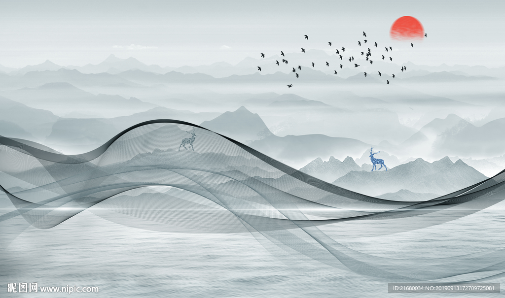 新中式山水抽象背景墙