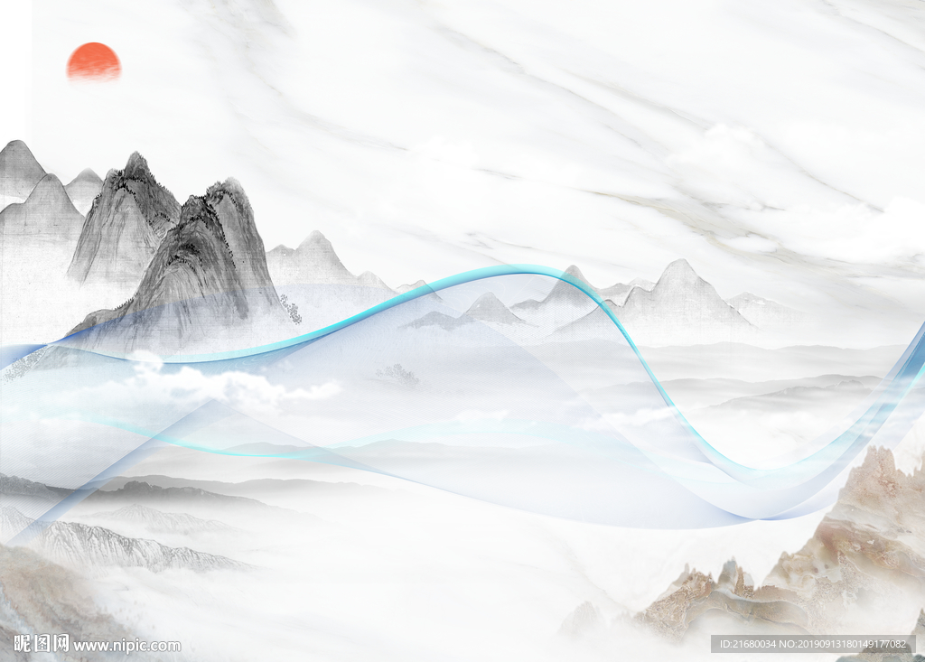 新中式山水抽象线条背景墙