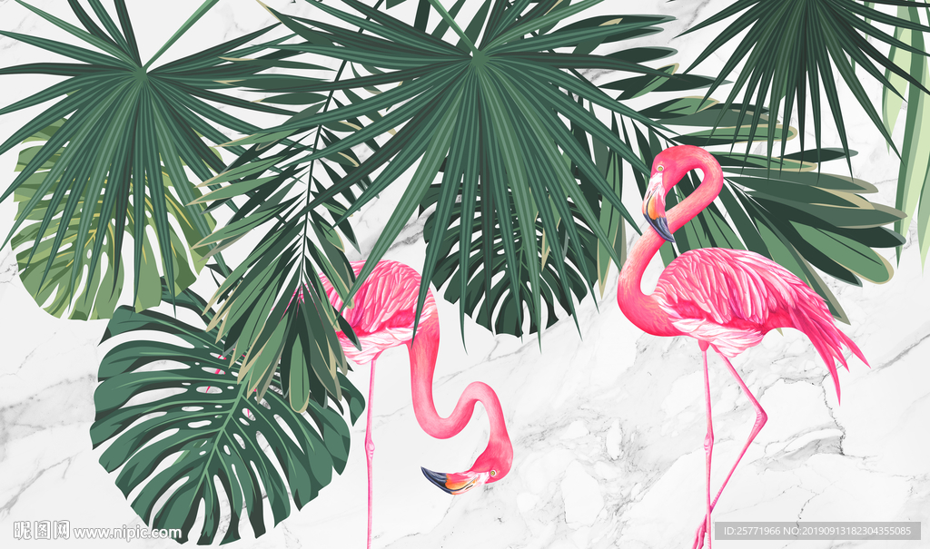 火烈鸟背景墙 原创大理石植物