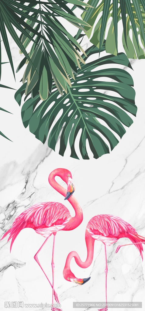 现代大理石北欧植物火烈鸟玄关画