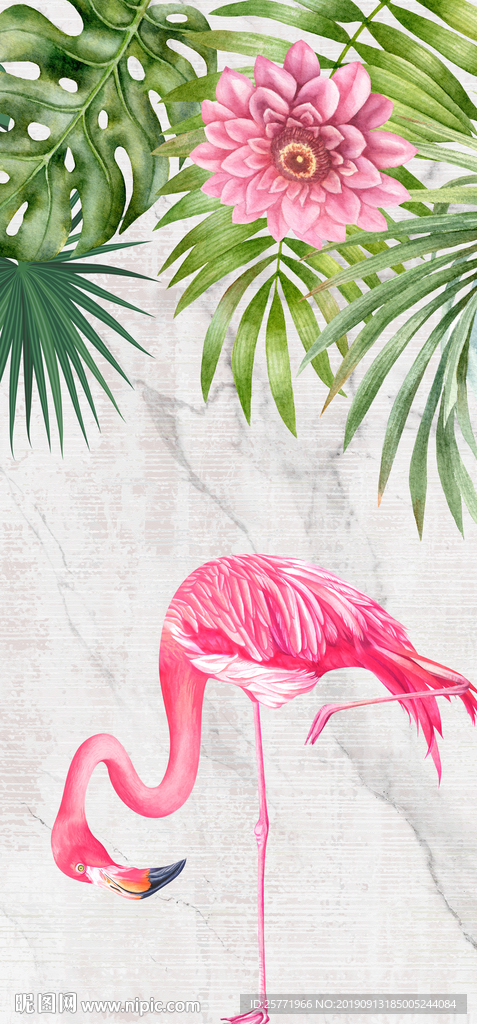 手绘植物热带火烈鸟背景墙玄关画