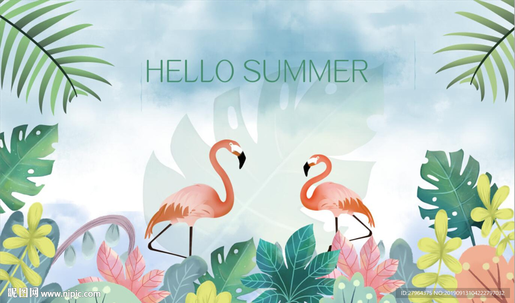 热带植物火烈鸟小清新背景墙