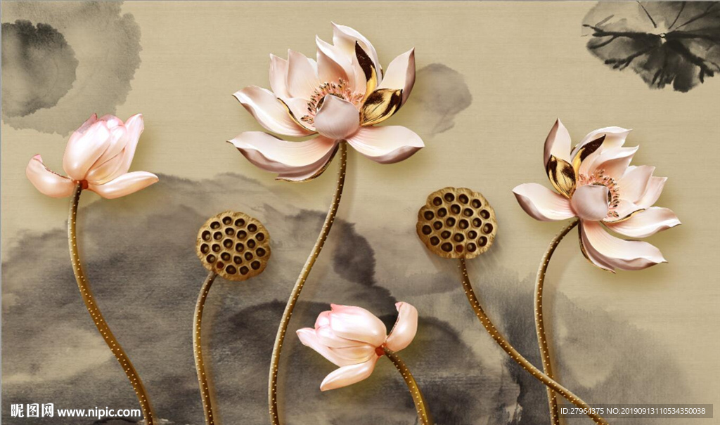 新中式3d立体荷花水墨背景墙