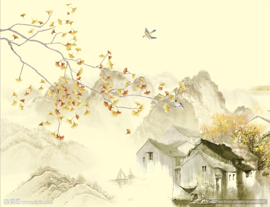 中国风水墨山水玉兰花鸟中式背景