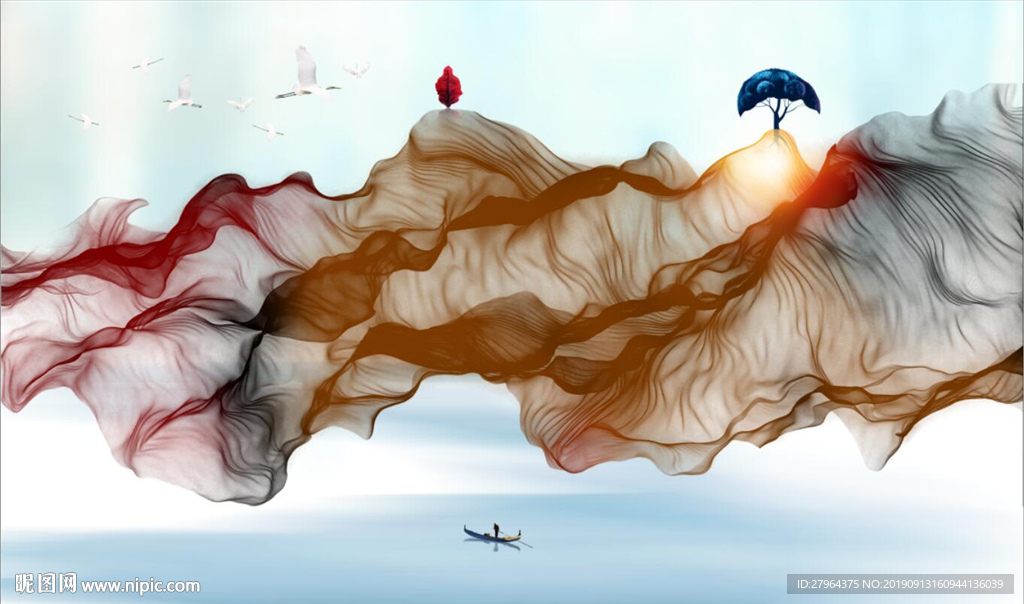 新中式抽象唯美山水电视背景墙