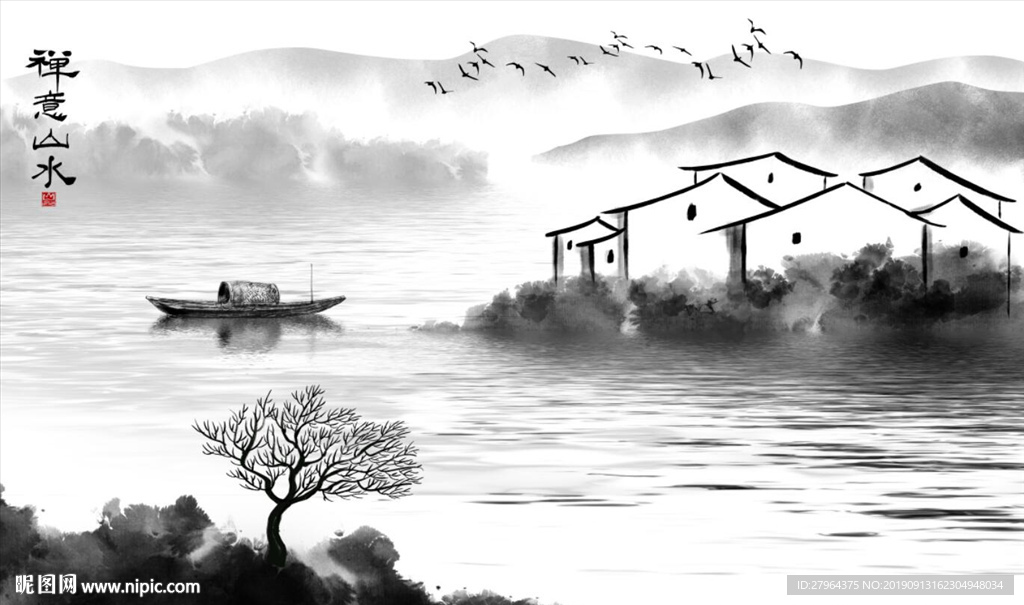 新中式禅意山水画背景墙
