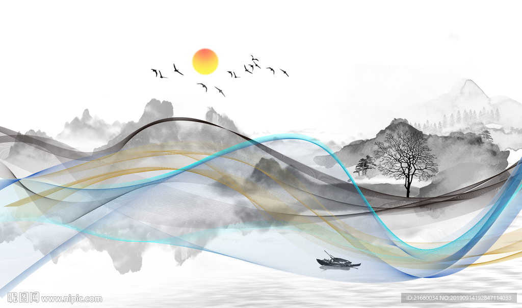 新中式山水抽象线条背景墙