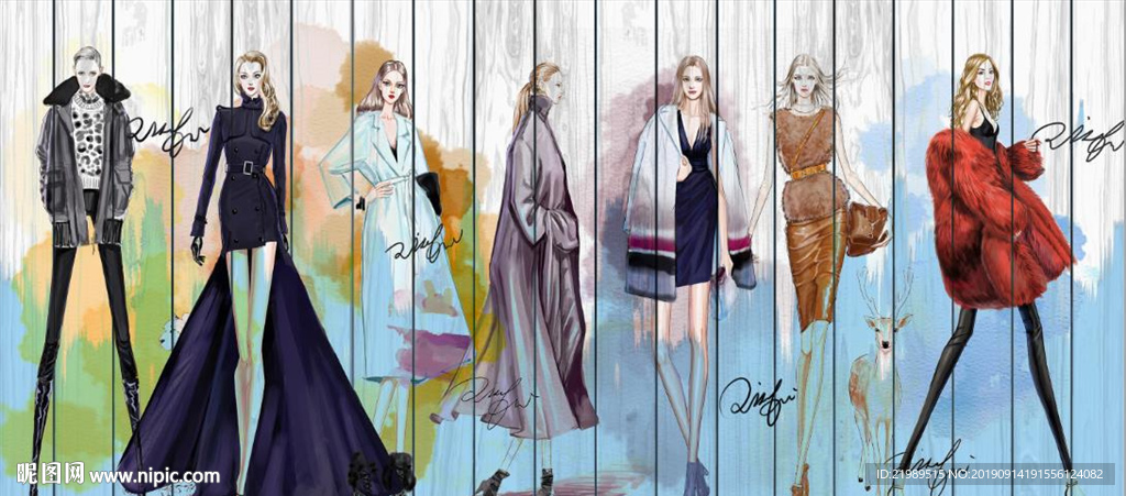 欧美风美女模特服装店背景墙壁画