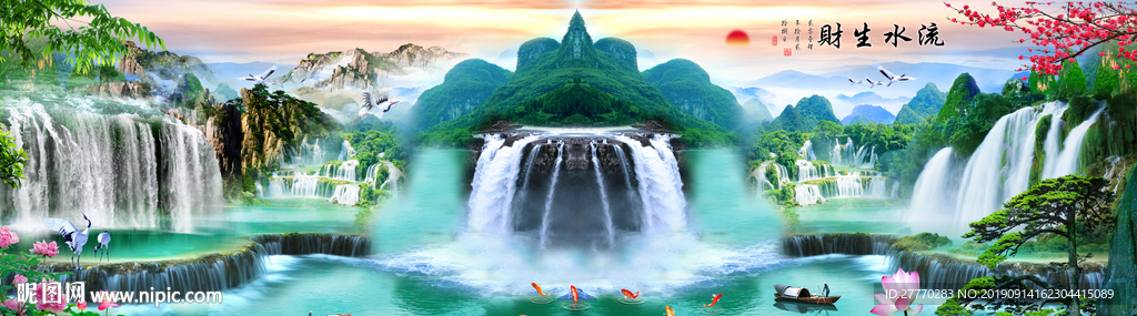 风景画山水电视沙发流水生财背景