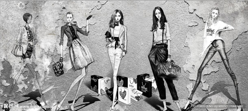 复古怀旧美女模特服装店背景墙