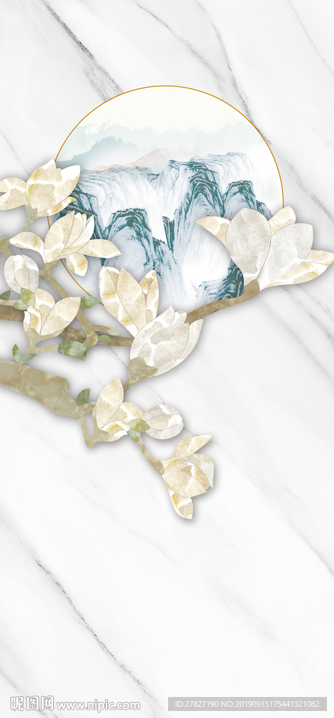 玉兰玄关 爵士白 新中式花朵