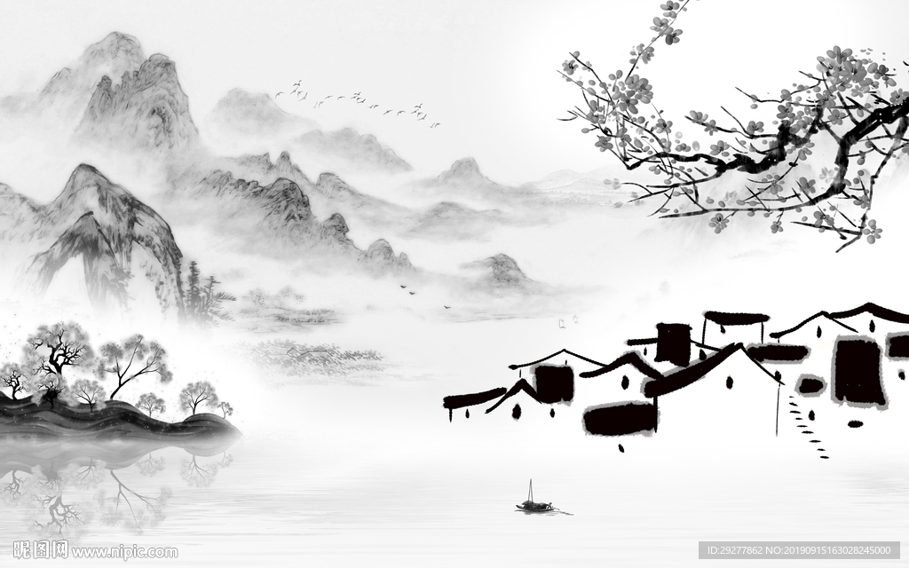 水乡山水背景墙画 TIF分层