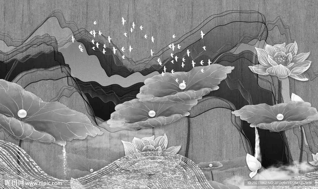 荷 花山水背景墙画 TIF分层
