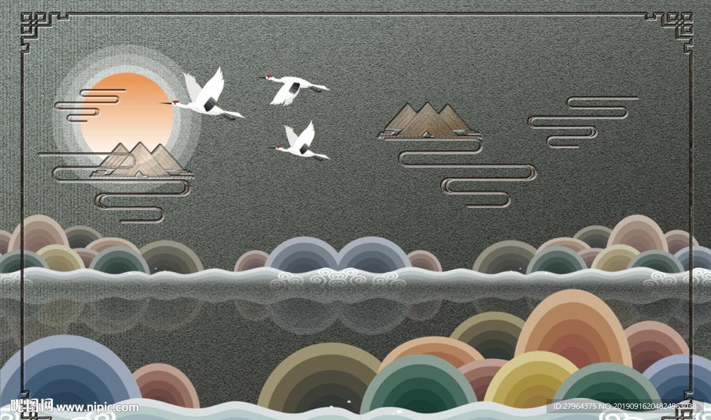 新中式祥云仙鹤背景墙