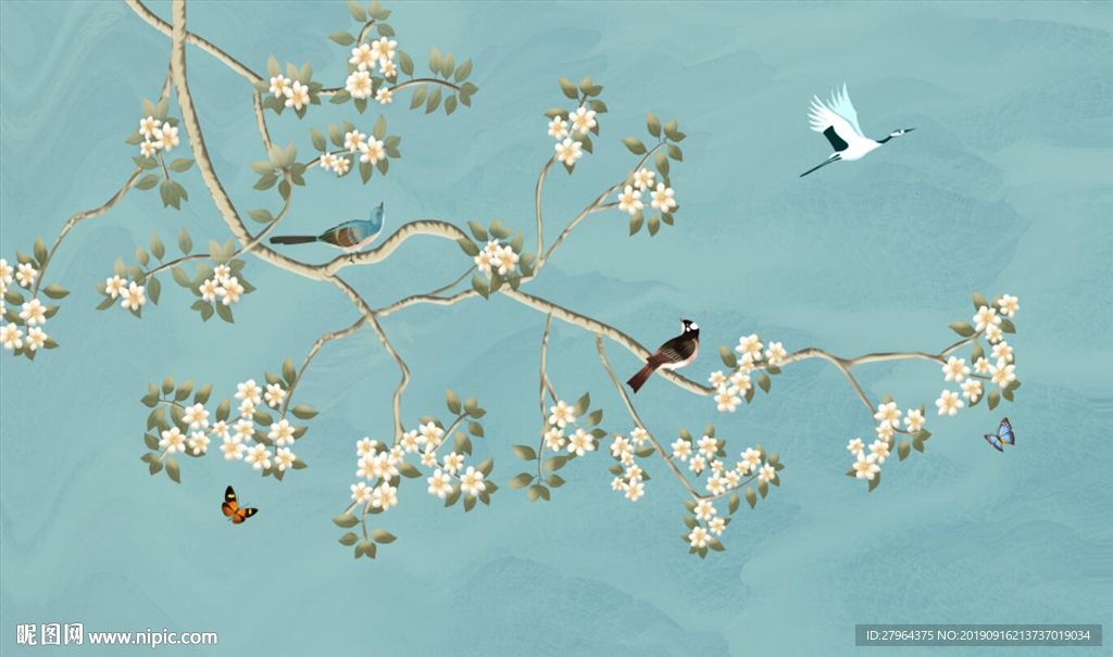 新中式手绘花鸟波纹背景墙