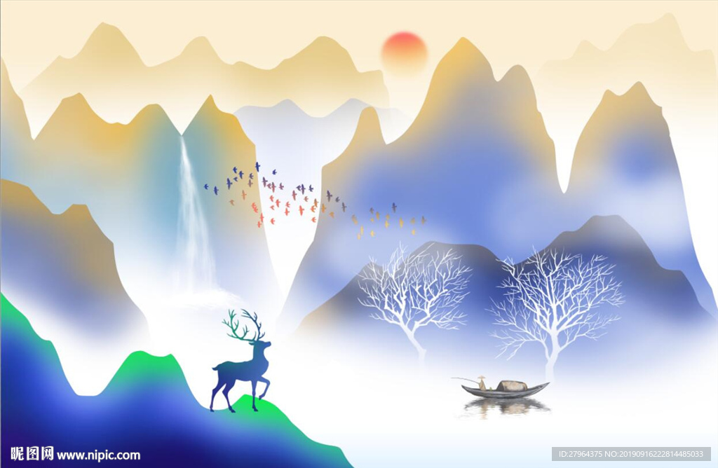 渐变抽象山水画客厅背景墙