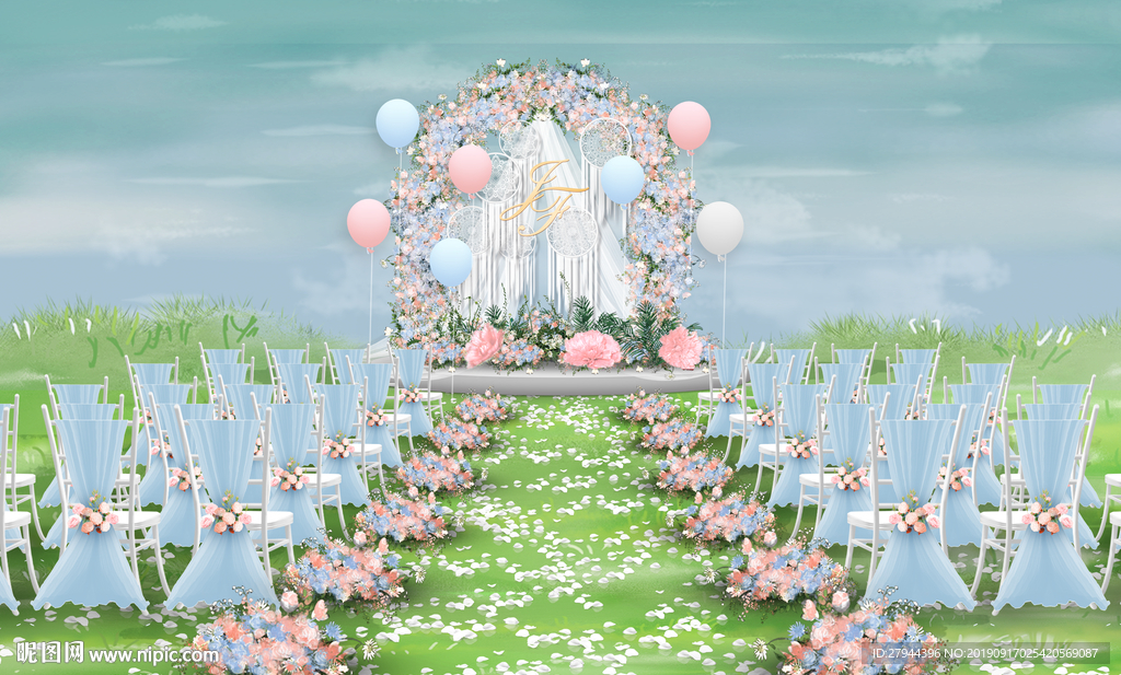 粉蓝色户外婚礼仪式区