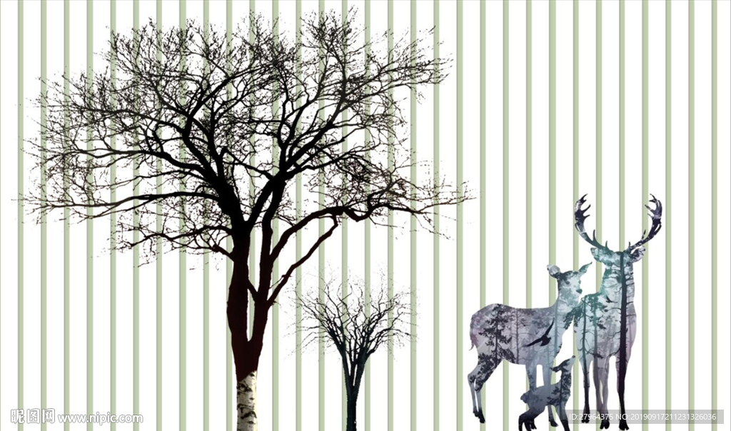 北欧树林麋鹿沙发电视背景墙