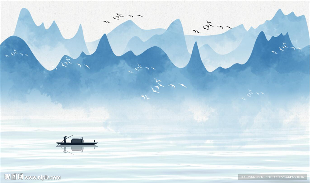 蓝色淡雅清新水彩山水电视背景墙