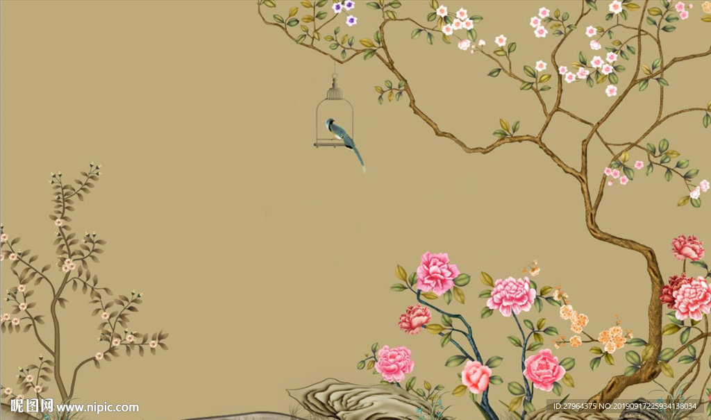 新中式花鸟树风景背景墙