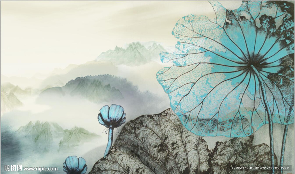 新中式水墨禅意远山睡莲背景墙