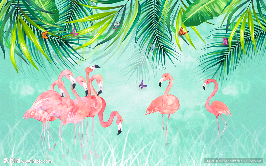 手绘热带雨林火烈鸟背景墙