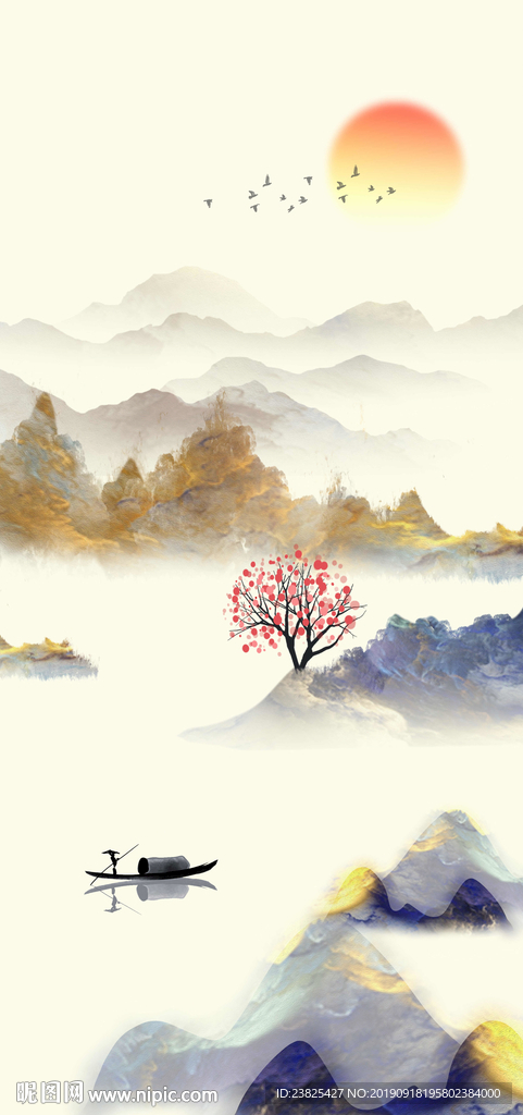 新中式抽象水墨山水意境玄关背景