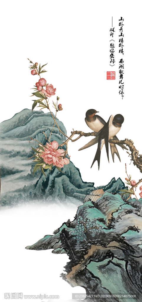 新中式手绘花鸟山水玄关背景墙