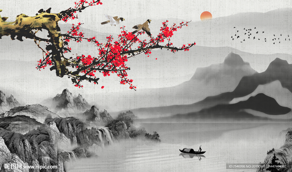 工笔花鸟背景墙