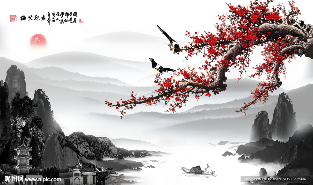 工笔梅花背景墙