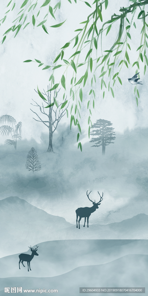 麋鹿装饰画 TIF分层 背景墙