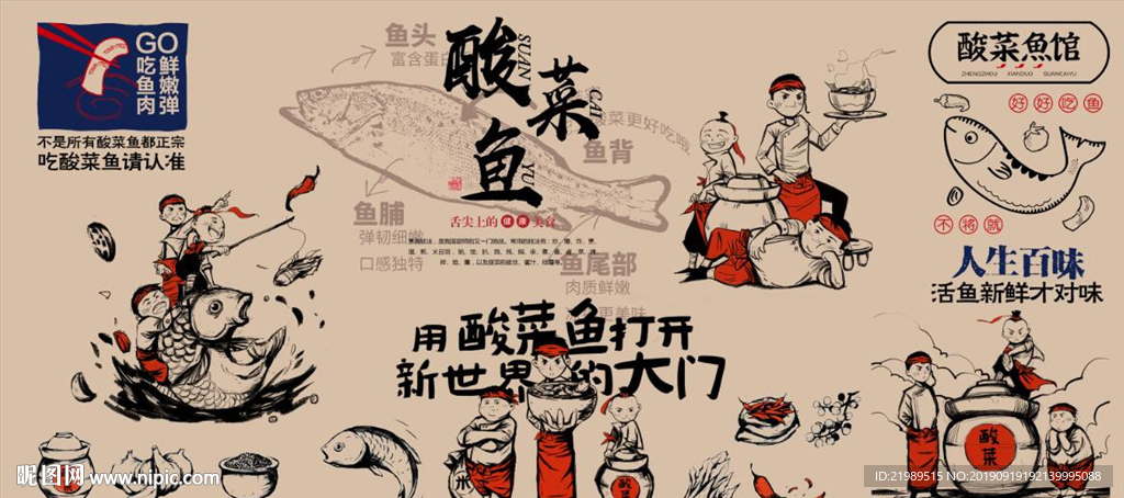 复古怀旧酸菜鱼餐饮背景墙壁画