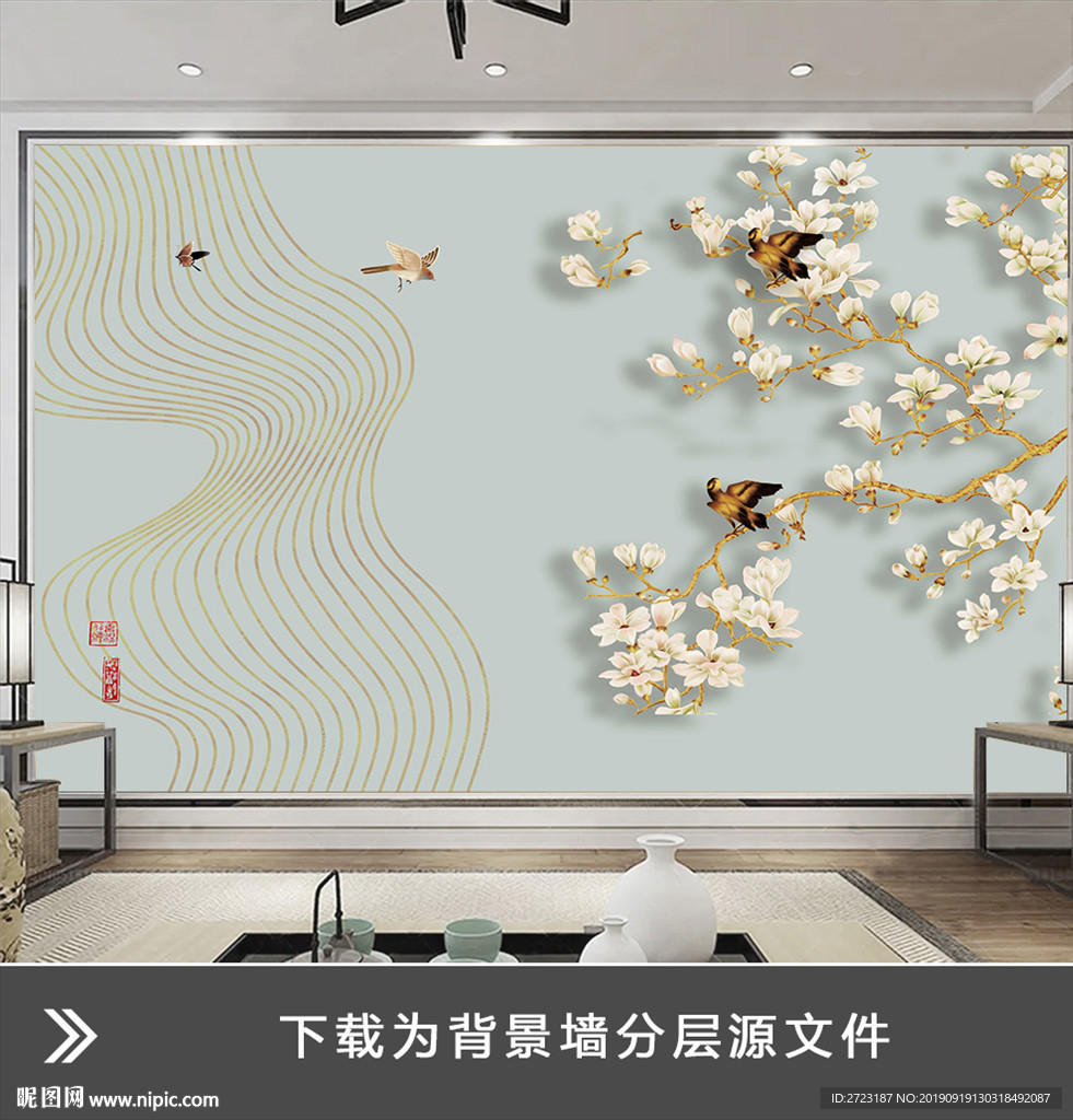 蓝灰色线条个性造型壁画背景墙