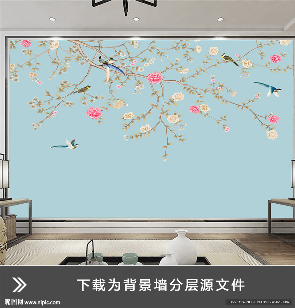 蓝灰色清晰淡雅中式壁画背景墙