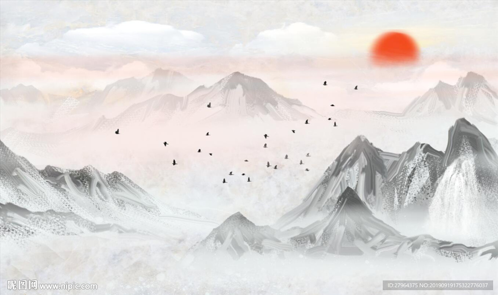 大理石纹山水花鸟日出背景墙